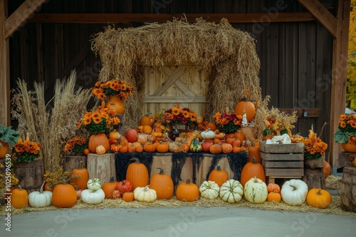 Autumn Harvest Display Stand with Beautiful Colorful Pumpkins at the Market. Fall Fair. Assortment of pumpkins on a wooden rustic showcase. Various gourds in different shapes, sizes, and colors. photo