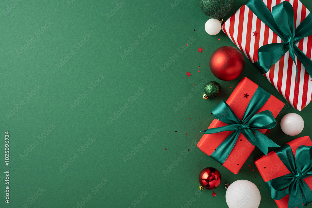 © ActionGP - Top view of beautifully wrapped Christmas presents with green bows and festive decorations on a green background