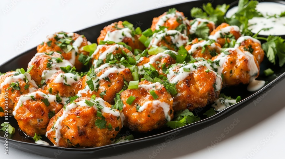 A platter of crispy, deep-fried buffalo chicken bites, drizzled with ranch dressing and garnished with fresh parsley. A platter of crispy, deep-fried buffalo chicken bites, drizzled with ranch dressing and garnished with fresh parsley.