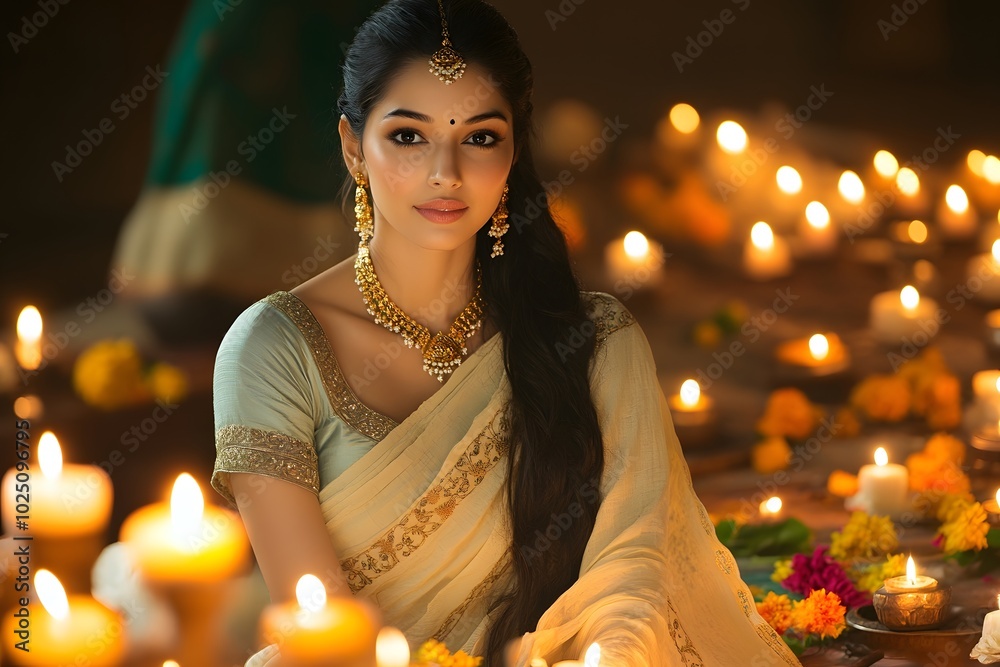 Indian Woman in Golden Sari with Candlelight and Traditional Jewelry Indian Woman in Golden Sari with Candlelight and Traditional Jewelry