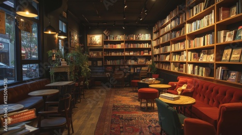 Cozy Reading Nook with Bookshelves and Red Sofa