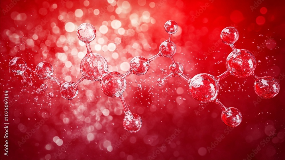Molecular structure visualized as shiny water droplets against vibrant red background, symbolizing scientific innovation and chemical bonds in nature. Molecular structure visualized as shiny water droplets against vibrant red background, symbolizing scientific innovation and chemical bonds in nature.