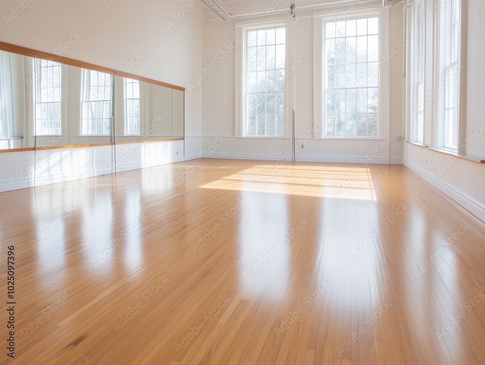 Obraz premium A bright and spacious dance studio with wooden floor and large windows, perfect for classes and rehearsals.