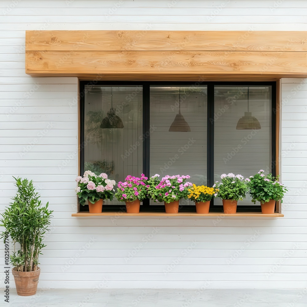 Fototapeta premium Boutique eco-friendly flower shop exterior with recycled materials, natural wood accents, and greenery, Flower Shop, Eco-Friendly Boutique
