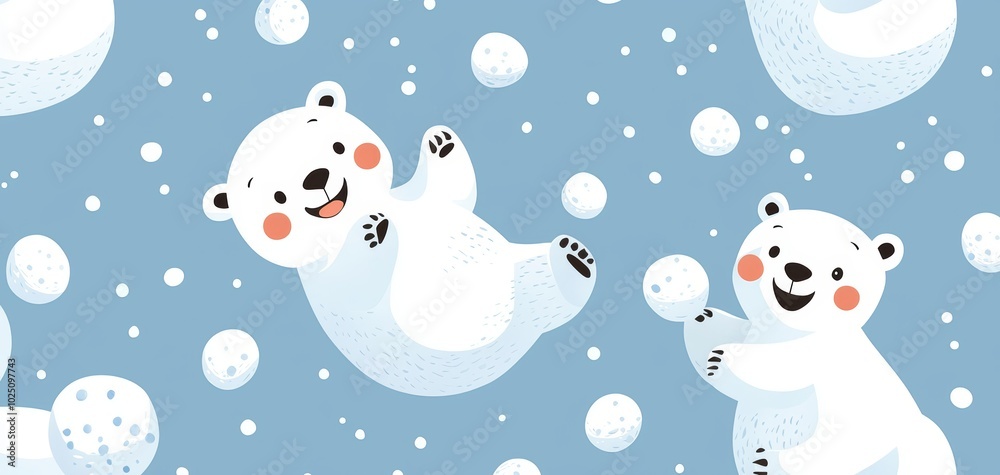 Smiling polar bears playing with snowballs, set against a frosty blue background, creating a fun winter design Smiling polar bears playing with snowballs, set against a frosty blue background, creating a fun winter design