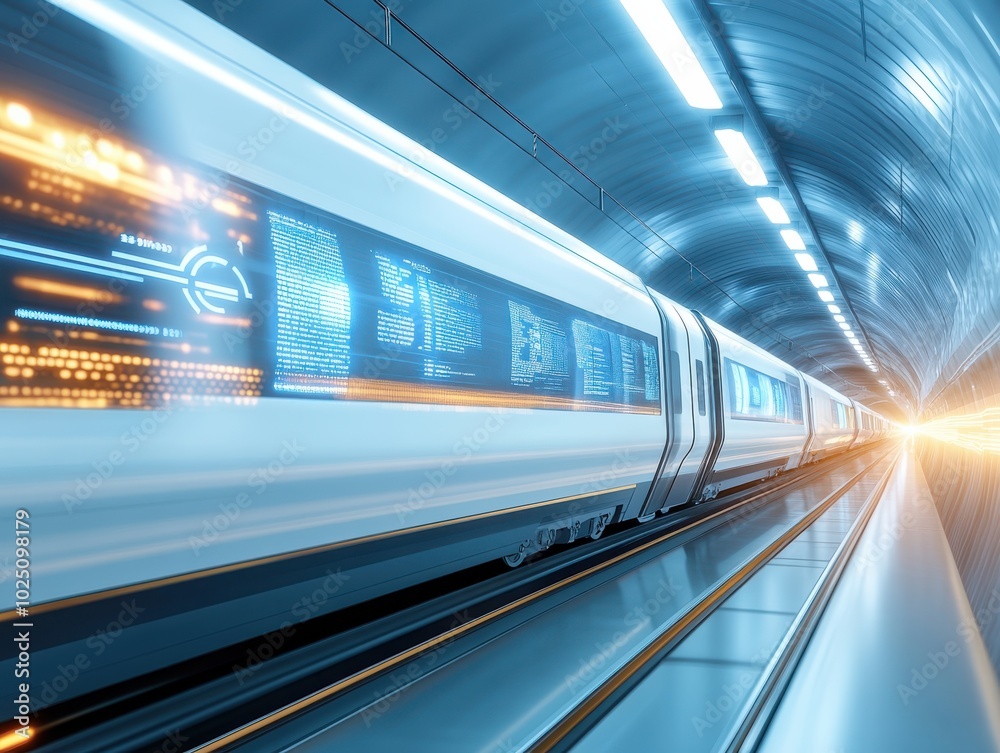 A futuristic high-speed train moving through a tunnel, showcasing technology and motion in modern transportation. A futuristic high-speed train moving through a tunnel, showcasing technology and motion in modern transportation.