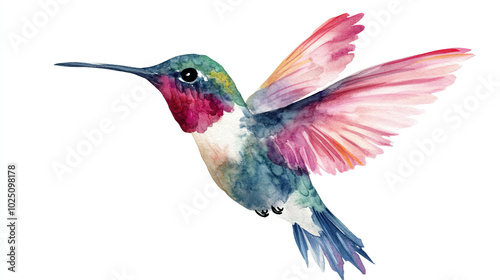 Hummingbird watercolor colorful birds illustration isolated white background. Summer clipart hand drawing tropical bird