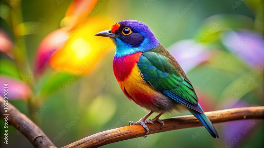 Colorful heart-shaped bird perched on a branch against a blurred natural background in soft light Colorful heart-shaped bird perched on a branch against a blurred natural background in soft light