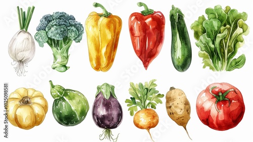 Hand drawn watercolor mixed root vegetables on white background