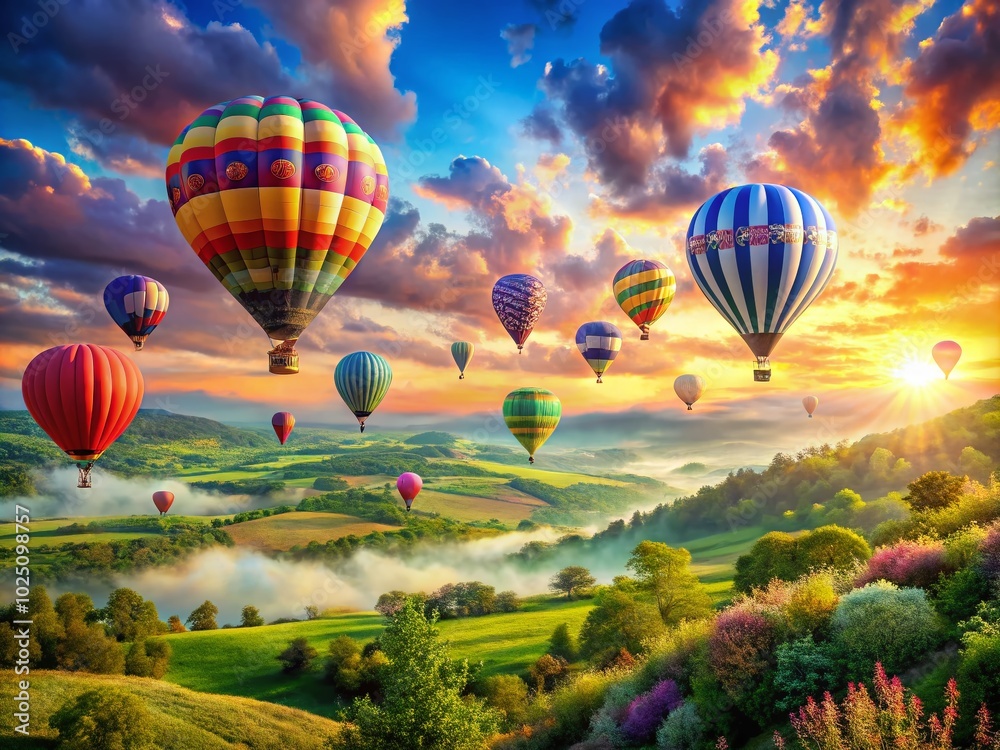 Fototapeta premium Colorful hot air balloons ascend in a dreamy sky, creating a vibrant and enchanting aerial landscape of adventure