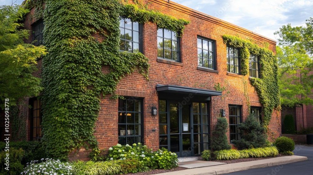 Brick building with ivy, windows, and a door Brick building with ivy, windows, and a door