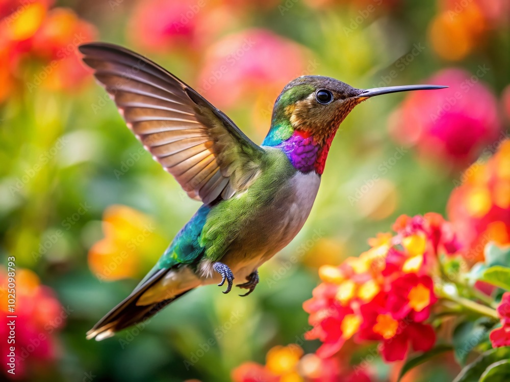 Fototapeta premium Colorful Hummingbird Hovering Near Vibrant Flower in Nature's Beautiful Garden Setting