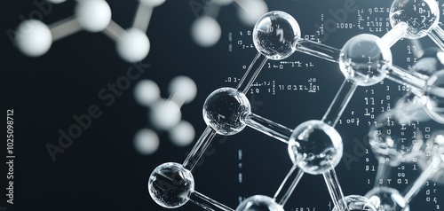 Abstract depiction of drug design, with floating molecular structures surrounded by code and digital chemical equations on a deep black background photo