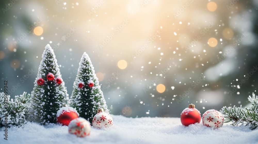 Festive miniature Christmas trees adorned with red berries stand amidst glistening snow, surrounded by ornate baubles. Soft bokeh lights create a magical winter wonderland atmosphere. Festive miniature Christmas trees adorned with red berries stand amidst glistening snow, surrounded by ornate baubles. Soft bokeh lights create a magical winter wonderland atmosphere.
