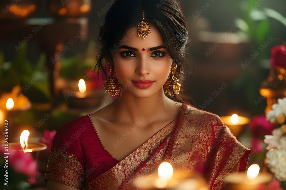 Portrait of Woman in Red Sari with Candlelight and Tilak