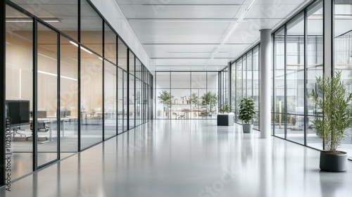 Modern Office Interior with Glass Walls and Floor-to-Ceiling Windows