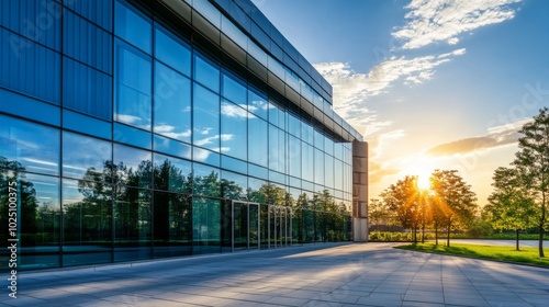 Modern Glass Office Building with Sunset Reflections