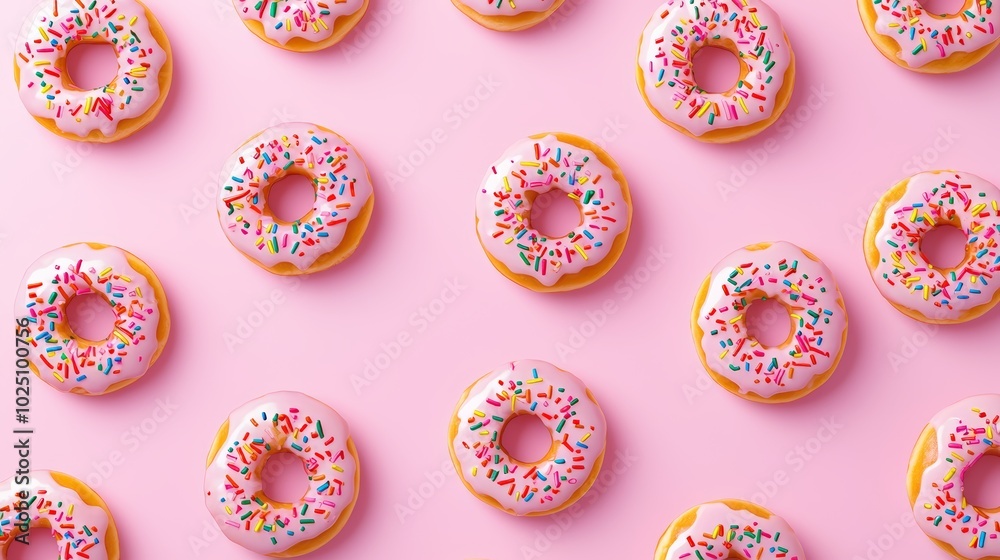 A playful pattern of donuts with rainbow sprinkles on a bold pink background, perfect for a cheerful dessert-themed design A playful pattern of donuts with rainbow sprinkles on a bold pink background, perfect for a cheerful dessert-themed design