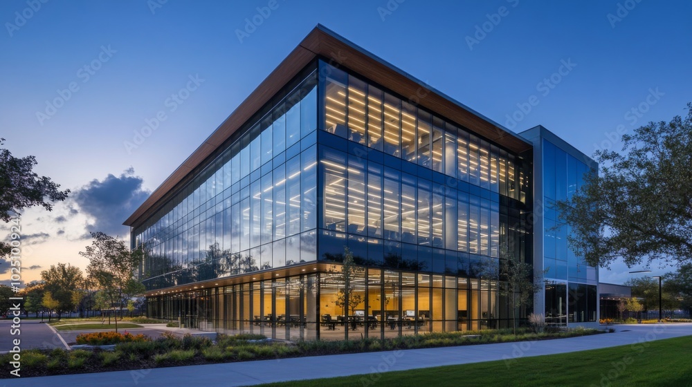 Modern Glass Office Building with Illuminated Interior at Dusk Modern Glass Office Building with Illuminated Interior at Dusk