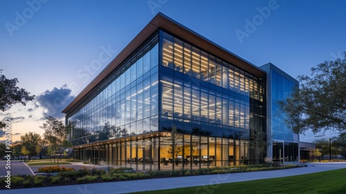 Modern Glass Office Building with Illuminated Interior at Dusk