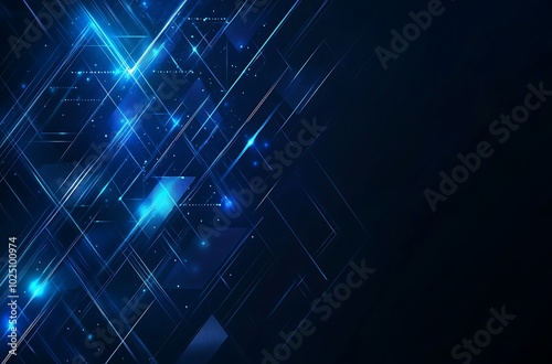 High-tech blue background with glowing triangular shapes and deep black tones.
