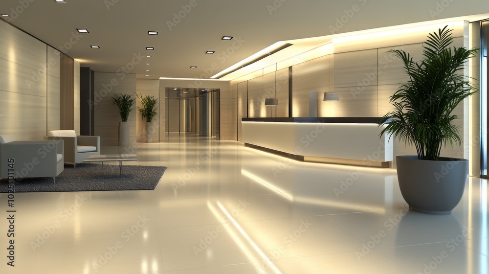 Modern Lobby Interior with Reception Desk, Seating, and Greenery Modern Lobby Interior with Reception Desk, Seating, and Greenery