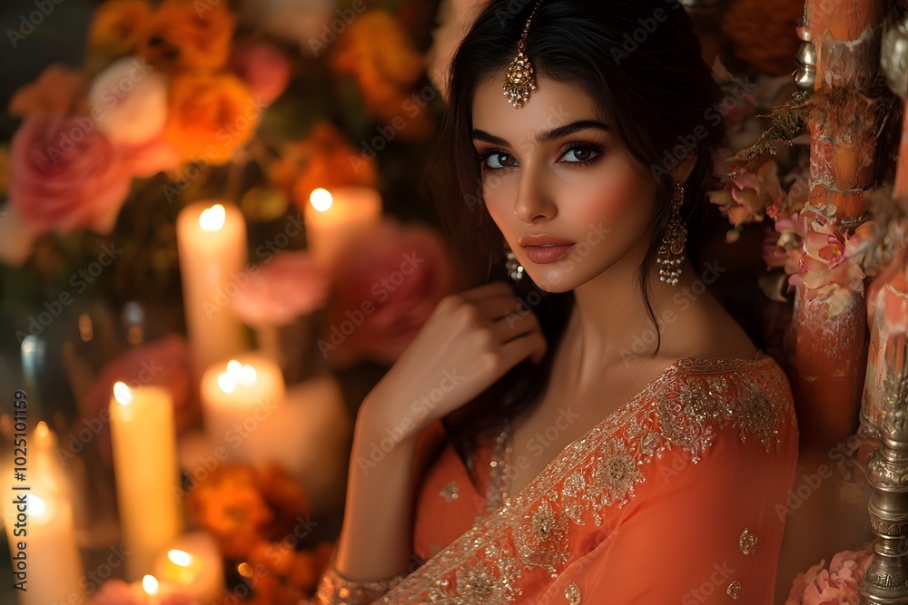Serene Woman in Orange Saree with Candlelight and Floral Background