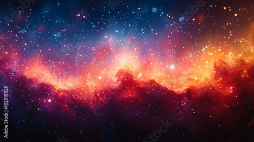 A vibrant nebula with orange, red, and purple hues, filled with twinkling stars and a glowing center.