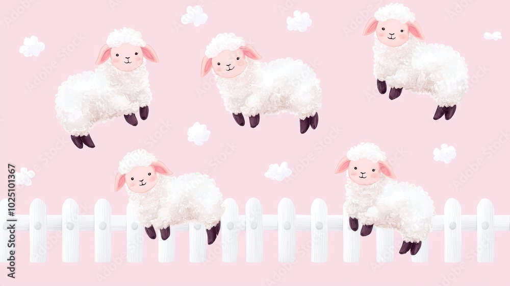 Fluffy lambs jumping over fences, on a light pink background, ideal for creating a soft and cute animal design Fluffy lambs jumping over fences, on a light pink background, ideal for creating a soft and cute animal design