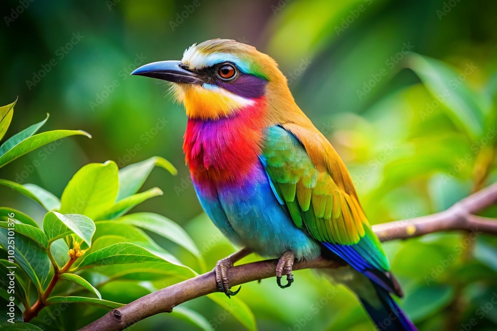 Colorful Rainbow Beak Bird Perched on a Branch Surrounded by Lush Green Foliage in Nature Colorful Rainbow Beak Bird Perched on a Branch Surrounded by Lush Green Foliage in Nature