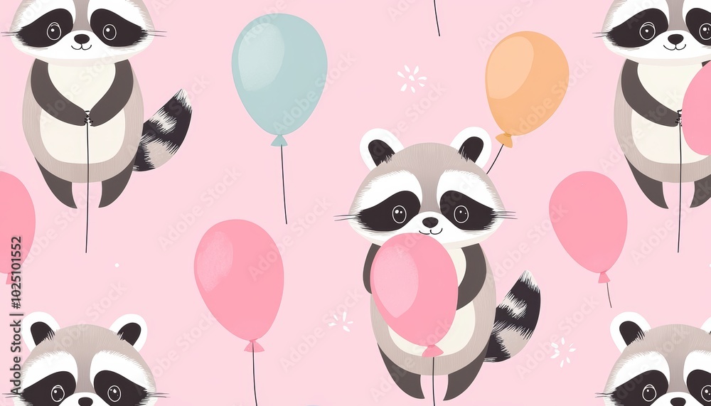 Cute raccoons holding balloons, on a bright pastel background, ideal for playful and cheerful seamless patterns Cute raccoons holding balloons, on a bright pastel background, ideal for playful and cheerful seamless patterns