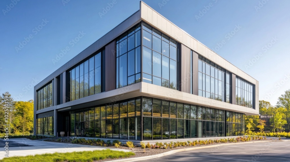 Modern Office Building with Large Glass Windows and Concrete Facade Modern Office Building with Large Glass Windows and Concrete Facade