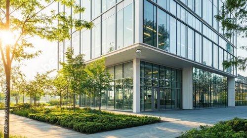 Modern Glass Office Building with Surrounding Greenery