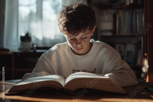 Focused Boy Reading a Book in Cozy Lighting.