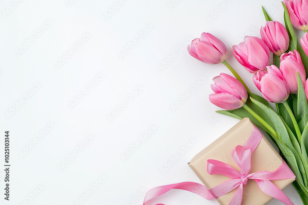 A bouquet of pink tulips with a ribbon and a gift box on a white background.  Top view with copy space.  
