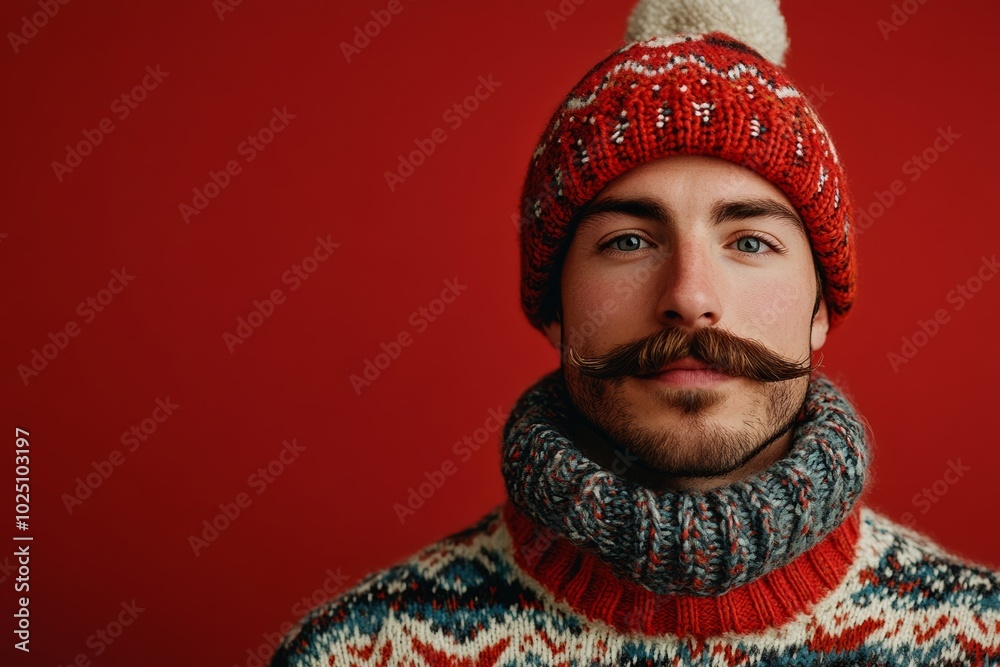 Man with a mustache and a striped hat is smiling at the camera. Hat is orange yellow, and the man is wearing a blue and orange jacket. Funny man with mustache and bright clothes on red background Man with a mustache and a striped hat is smiling at the camera. Hat is orange yellow, and the man is wearing a blue and orange jacket. Funny man with mustache and bright clothes on red background