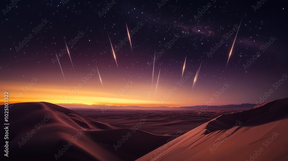 A stunning view of the desert at night, with meteor showers streaking across the sky above the serene sand dunes A stunning view of the desert at night, with meteor showers streaking across the sky above the serene sand dunes
