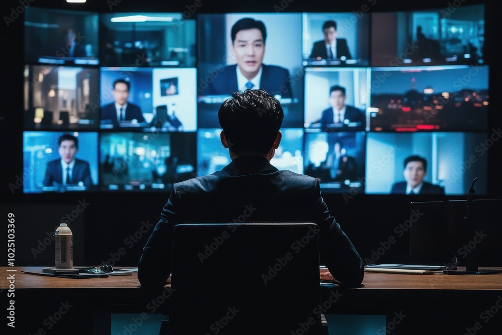 A businessman in a suit attending a virtual meeting, with multiple screens showing participants, representing modern digital communication. A businessman in a suit attending a virtual meeting, with multiple screens showing participants, representing modern digital communication.