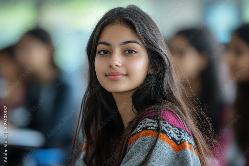 Woman with long dark hair is smiling at the camera. She is wearing a gray and orange sweater. Indian College Student Focused in Class Woman with long dark hair is smiling at the camera. She is wearing a gray and orange sweater. Indian College Student Focused in Class