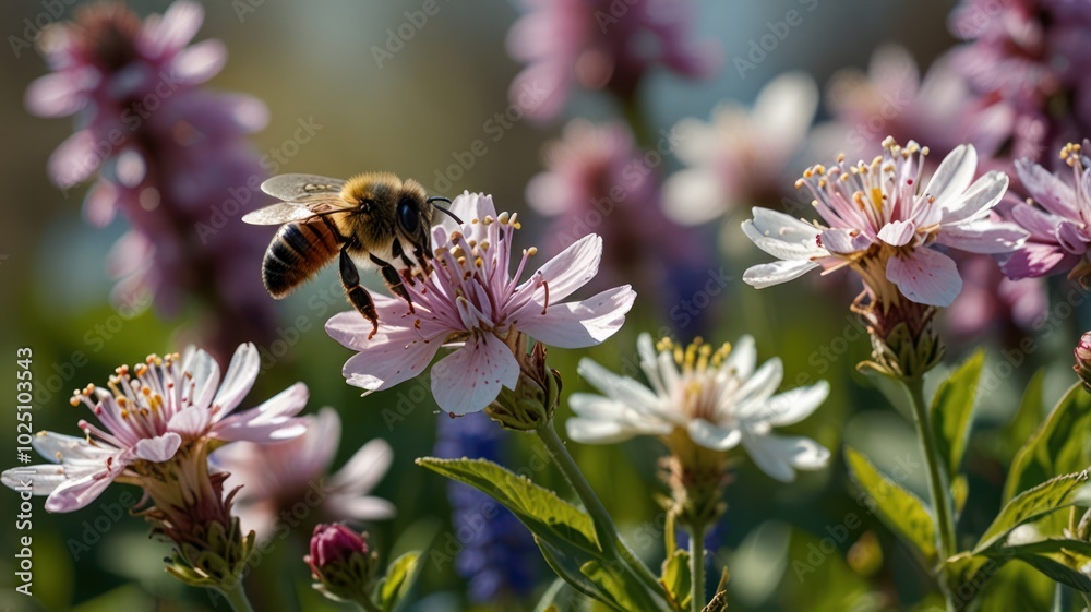 A bee pollinates a pink flower with other flowers in the background. A bee pollinates a pink flower with other flowers in the background.