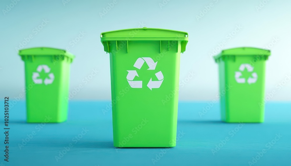 Green recycling bins arranged in a row on a blue background, promoting waste management and sustainability. Green recycling bins arranged in a row on a blue background, promoting waste management and sustainability.