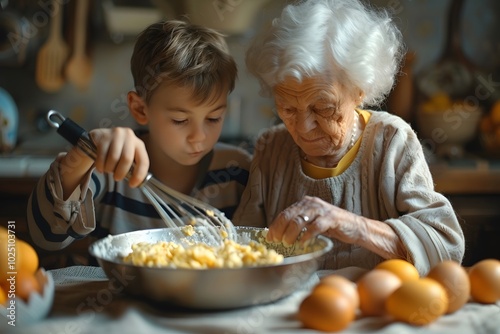 A Heartwarming Moment in the Kitchen: A Child and Grandparent Baking Together