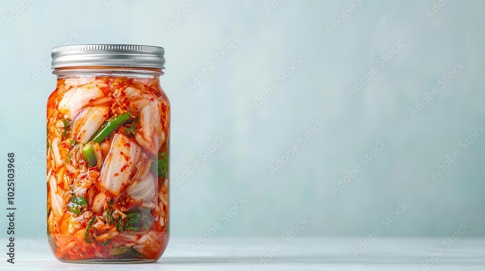 Close-up of kimchi in a jar, labeled as a high-probiotic food, perfect for gut health, probiotic, kimchi, gut health, close-up Close-up of kimchi in a jar, labeled as a high-probiotic food, perfect for gut health, probiotic, kimchi, gut health, close-up
