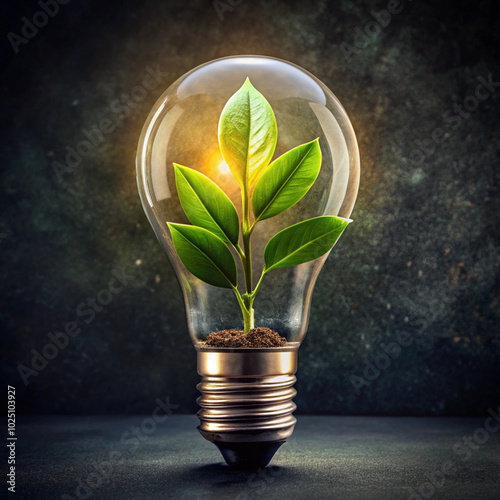 Green Plant Inside Clear Light Bulb on Light Gray Background Symbolizing Eco Innovation