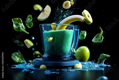 Digital 3D animation of a detox smoothie being made, with fruits like banana, apple, and spinach floating through the air and blending smoothly in a futuristic blender photo