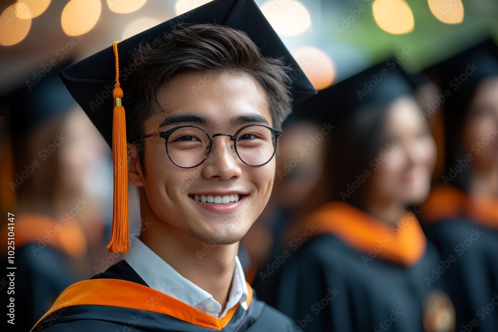 man wearing a graduation cap, gown is smiling, surrounded by confetti ...