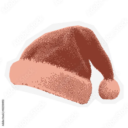 Contemporary Christmas Element. Halftone Santa hat. Retro dotted monochrome cutout sticker in scrapbook style for poster, greeting, invitations. 