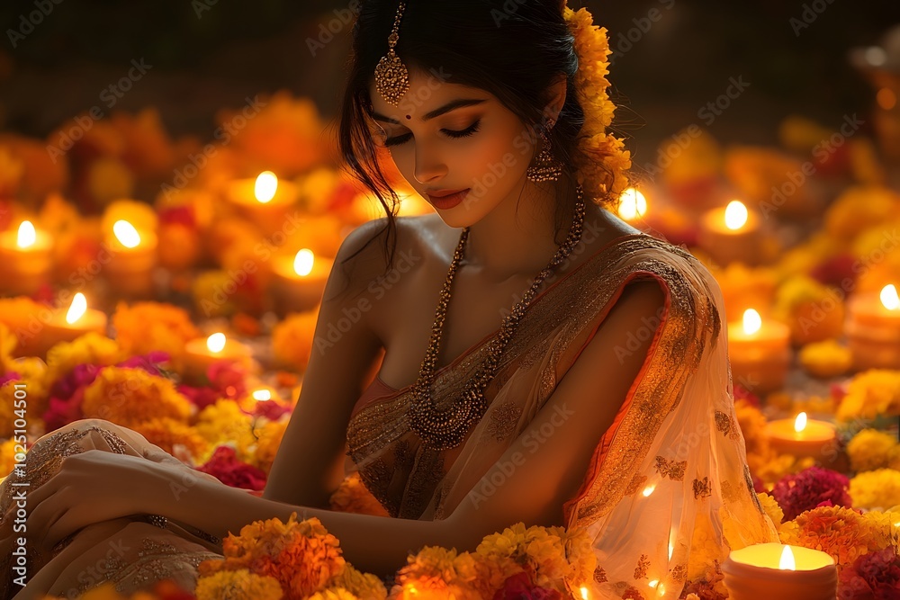 Diwali Celebration Indian Woman in Saree with Marigold Flowers and Candlelight Diwali Celebration Indian Woman in Saree with Marigold Flowers and Candlelight