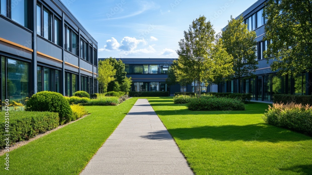 Modern Office Building Courtyard with Greenery and Walkway Modern Office Building Courtyard with Greenery and Walkway