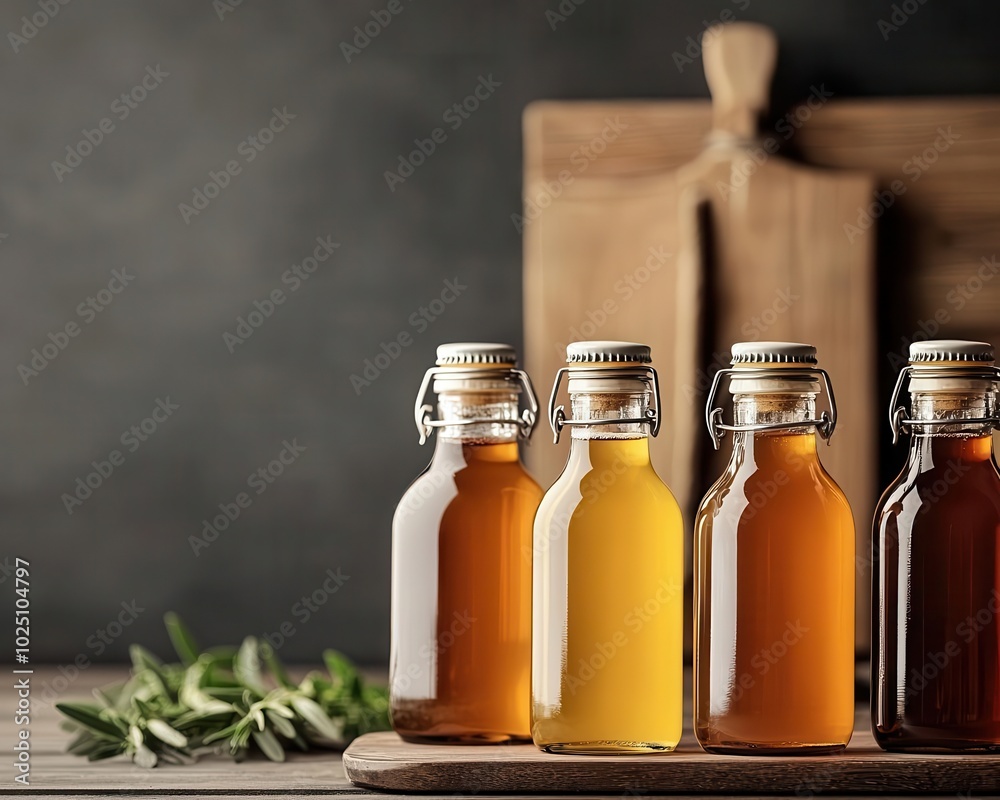 Close-up of kombucha bottles arranged on a wellness table, probiotic, kombucha, table, wellness